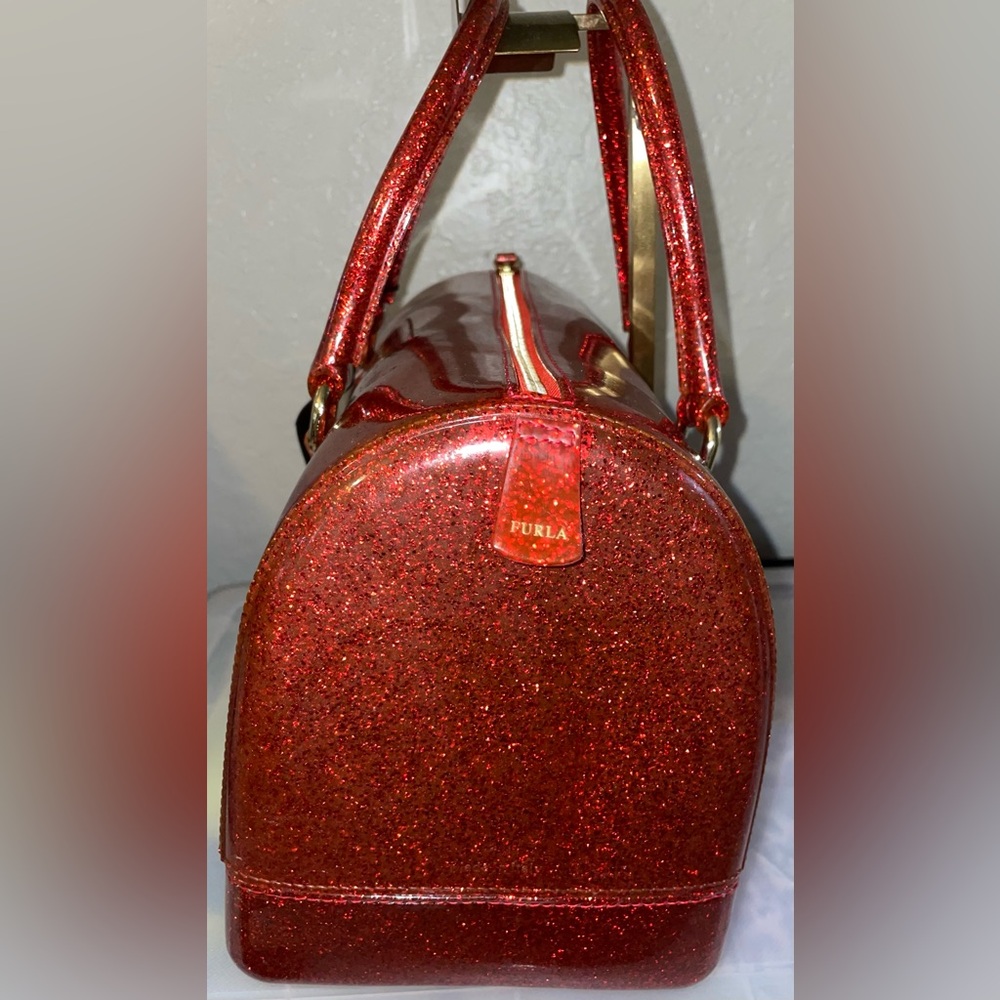 FURLA JELLY GLITTER CANDY RED HANDBAG SATCHEL BAG PURSE 12” x 8” RARE GOTHIC HTF - Picture 8 of 10